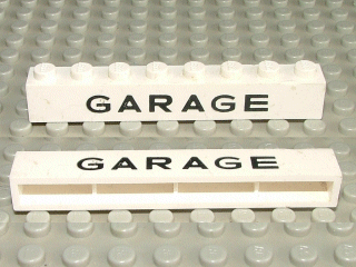 Brick 1 x 8 without Bottom Tubes with Cross Side Supports with Black 'GARAGE' Sans-Serif Medium Pattern