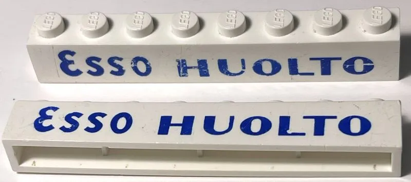 Brick 1 x 8 without Bottom Tubes with Cross Side Supports with Blue 'Esso Huolto' Pattern