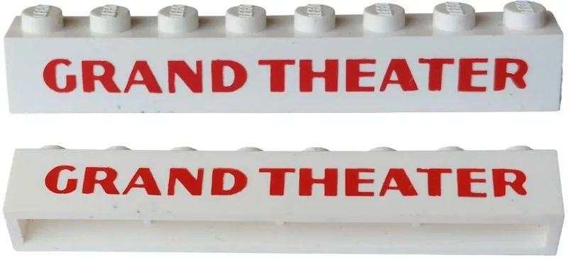 Brick 1 x 8 without Bottom Tubes with Cross Side Supports with Red 'Grand Theater' Sans-Serif Bold Pattern