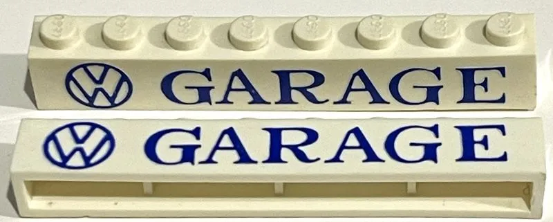 Brick 1 x 8 without Bottom Tubes with Cross Side Supports with Blue Volkswagen Logo 'VW GARAGE' Serif Large Pattern
