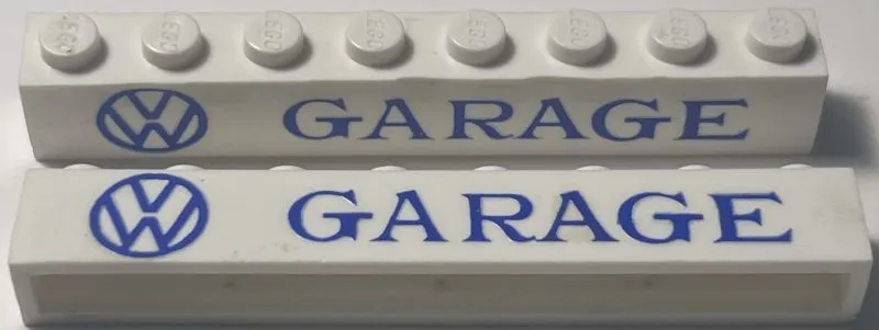 Brick 1 x 8 without Bottom Tubes with Cross Side Supports with Blue Volkswagen Logo 'VW GARAGE' Serif Small Pattern