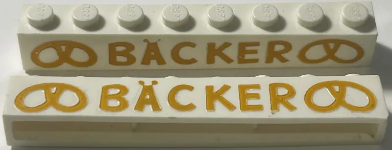 Brick 1 x 8 without Bottom Tubes with Cross Side Supports with Light Gold 'BÄCKER' (BACKER) and Pretzels Wide Pattern