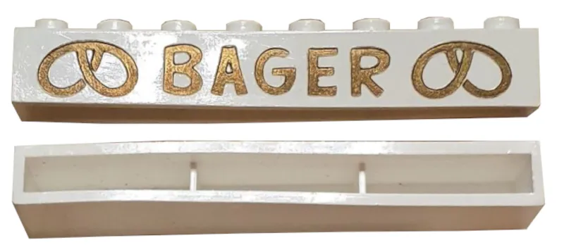 Brick 1 x 8 without Bottom Tubes with Cross Side Supports with Dark Gold 'BAGER' and Pretzels Wide Pattern