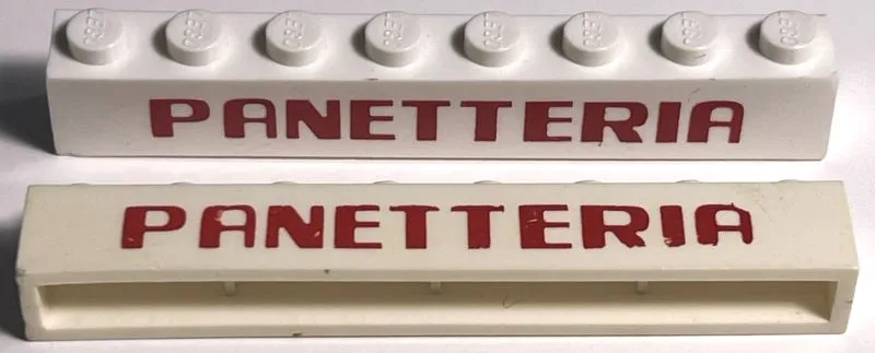 Brick 1 x 8 with Red 'PANETTERIA' Computer Type Font Pattern