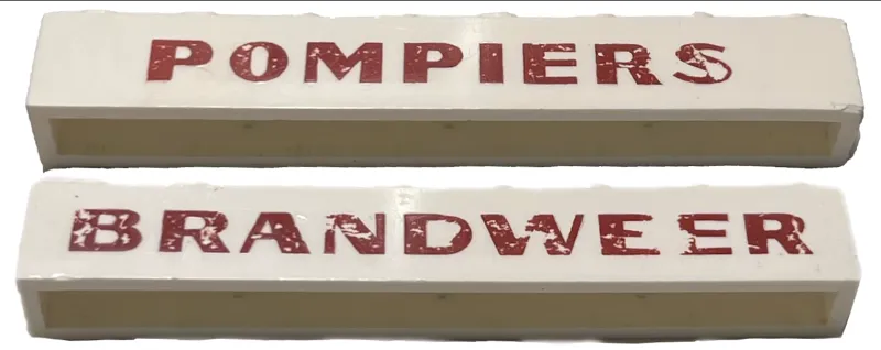 Brick 1 x 8 without Bottom Tubes with Cross Side Supports Dual Sided with Red 'BRANDWEER' / 'POMPIERS' Sans-Serif Bold Pattern
