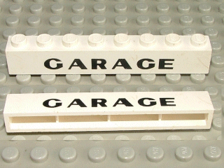 Brick 1 x 8 without Bottom Tubes with Cross Side Supports with Black 'GARAGE' Sans-Serif Thick Pattern, Plain 'G'