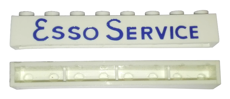 Brick 1 x 8 without Bottom Tubes with Cross Side Supports with Blue 'ESSO SERVICE' Long Pattern