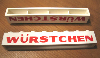 Brick 1 x 8 without Bottom Tubes with Cross Side Supports with Red 'WÜRSTCHEN' Thick Pattern ('WURSTCHEN')