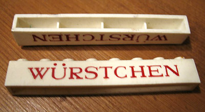 Brick 1 x 8 without Bottom Tubes with Cross Side Supports with Red 'WÜRSTCHEN' Thin Pattern ('WURSTCHEN')