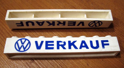 Brick 1 x 8 without Bottom Tubes with Cross Side Supports with Blue 'VW VERKAUF' Pattern