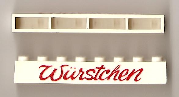 Brick 1 x 8 without Bottom Tubes with Cross Side Supports with Red 'Würstchen' Script Pattern ('Wurstchen')