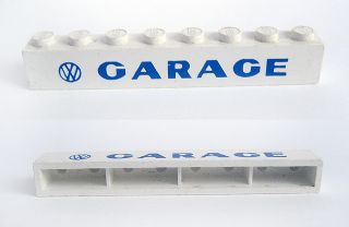 Brick 1 x 8 without Bottom Tubes with Cross Side Supports with Blue 'VW GARAGE' Sans-Serif Thick Pattern, Plain 'G'