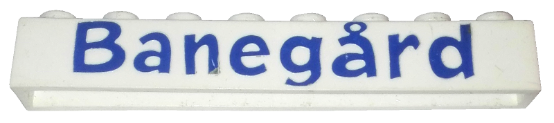 Brick 1 x 8 without Bottom Tubes with Cross Side Supports with Blue 'Banegård' Pattern