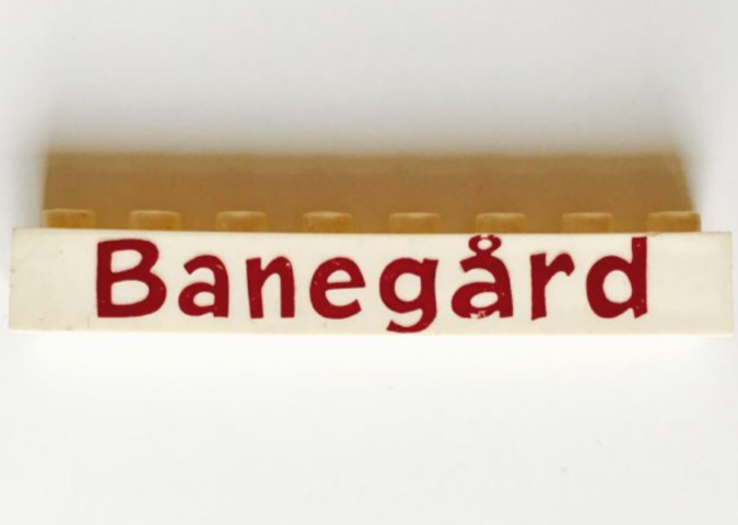 Brick 1 x 8 without Bottom Tubes with Cross Side Supports with Red 'Banegård' Pattern ('Banegard')