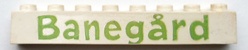 Brick 1 x 8 without Bottom Tubes with Cross Side Supports with Green 'Banegård' Pattern ('Banegard')