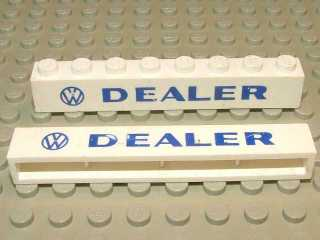 Brick 1 x 8 without Bottom Tubes with Cross Side Supports with Blue 'VW DEALER' Sans-Serif Bold Pattern