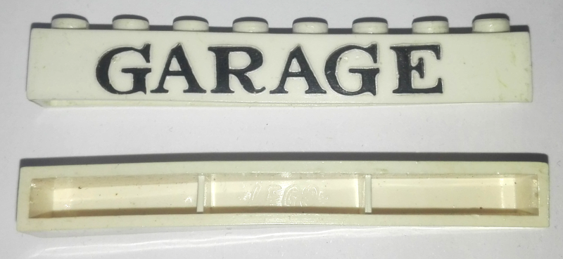 Brick 1 x 8 without Bottom Tubes with Cross Side Supports with Black 'GARAGE' Serif Pattern