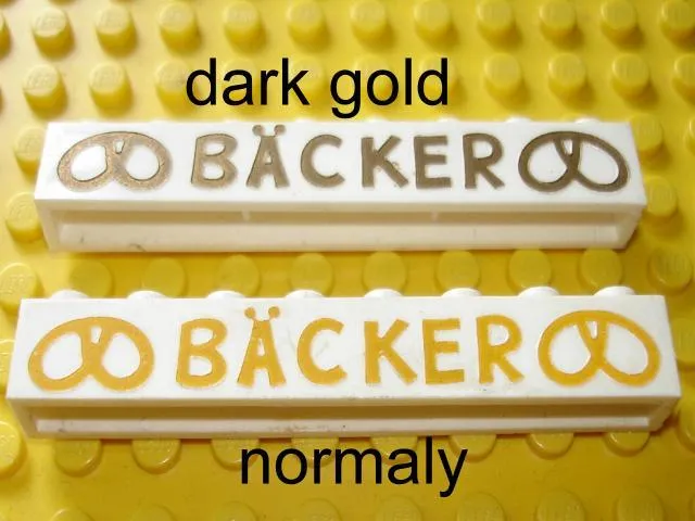 Brick 1 x 8 without Bottom Tubes with Cross Side Supports with Gold 'BÄCKER' (BACKER) and Pretzels Wide Pattern