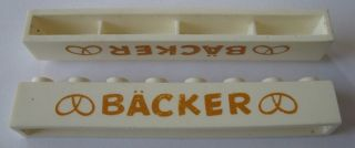 Brick 1 x 8 without Bottom Tubes with Cross Side Supports with Gold 'BÄCKER' (BACKER) and Pretzels Narrow Pattern