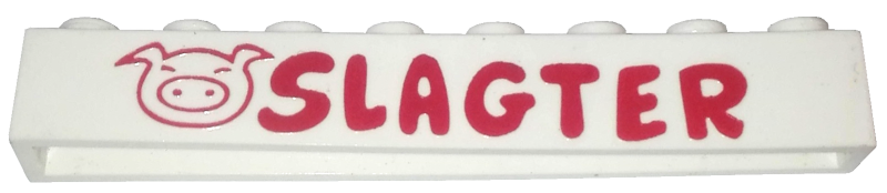 Brick 1 x 8 without Bottom Tubes with Cross Side Supports with Red 'SLAGTER' and Pig Head Pattern