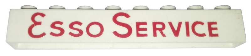 Brick 1 x 8 without Bottom Tubes with Cross Side Supports with Red 'Esso Service' Long Pattern