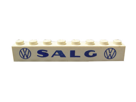 Brick 1 x 8 without Bottom Tubes with Cross Side Supports with Blue 'VW SALG VW' Bold Pattern