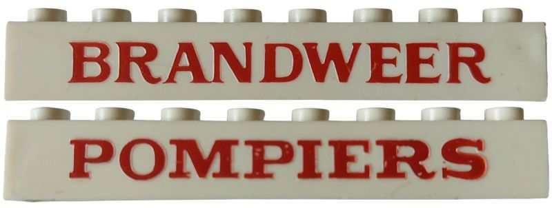 Brick 1 x 8 without Bottom Tubes with Cross Side Supports with Red 'BRANDWEER' on one and Red 'POMPIERS' Pattern on the other Side