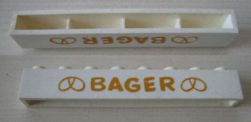 Brick 1 x 8 without Bottom Tubes with Cross Side Supports with Gold 'BAGER' and Pretzels Narrow Pattern