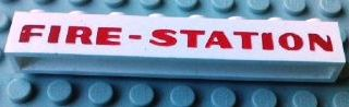 Brick 1 x 8 without Bottom Tubes with Cross Side Supports with Red 'FIRE-STATION' Bold Pattern