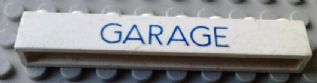 Brick 1 x 8 without Bottom Tubes with Cross Side Supports with Blue 'GARAGE' Thin (Letters Close) Pattern