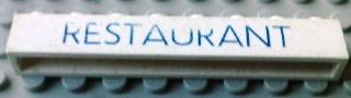 Brick 1 x 8 without Bottom Tubes with Cross Side Supports with Blue 'RESTAURANT' Thin (Letters Close) Pattern