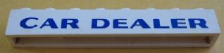 Brick 1 x 8 without Bottom Tubes with Cross Side Supports with Blue 'CAR DEALER' Pattern