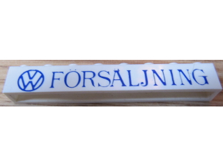 Brick 1 x 8 without Bottom Tubes with Cross Side Supports with Blue VW Logo and 'FÖRSÄLJNING' Narrow Pattern {FORSALJNING}