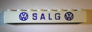 Brick 1 x 8 without Bottom Tubes with Cross Side Supports with Blue 'VW SALG VW' Narrow Pattern