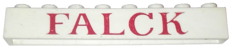 Brick 1 x 8 without Bottom Tubes with Cross Side Supports with Red 'FALCK' Serif Pattern