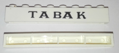 Brick 1 x 8 without Bottom Tubes with Cross Side Supports with Black 'TABAK' Thin Serif Pattern