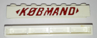 Brick 1 x 8 without Bottom Tubes with Cross Side Supports with Red 'KOBMAND' and 2 Arrows Pattern (KØBMAND)
