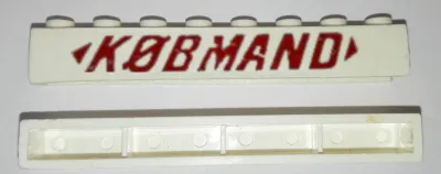 Brick 1 x 8 without Bottom Tubes with Cross Side Supports with Red 'KOBMAND' and 2 Arrows Pattern (KØBMAND)