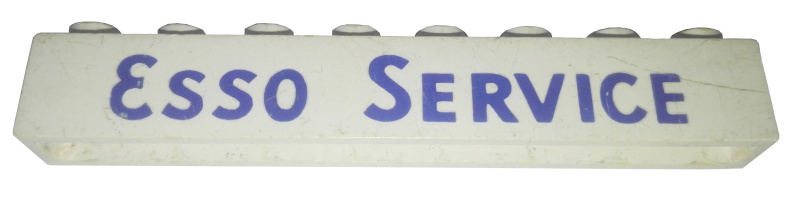 Brick 1 x 8 without Bottom Tubes with Cross Side Supports with Blue 'ESSO SERVICE' Long, Bold Letters Pattern