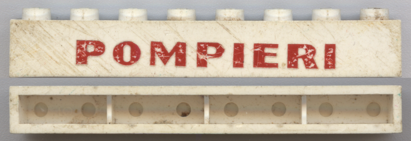 Brick 1 x 8 without Bottom Tubes with Cross Side Supports with Red 'POMPIERI' Pattern