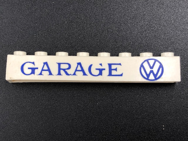 Brick 1 x 8 without Bottom Tubes with Cross Side Supports with Blue 'GARAGE VW' Pattern