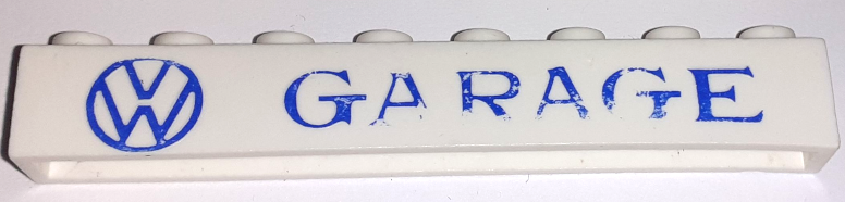 Brick 1 x 8 without Bottom Tubes with Cross Side Supports with Blue 'VW GARAGE' Small Pattern