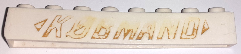 Brick 1 x 8 without Bottom Tubes with Cross Side Supports with Gold 'KOBMAND' and 2 Arrows Pattern (KØBMAND)