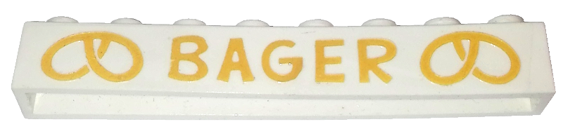 Brick 1 x 8 without Bottom Tubes with Cross Side Supports with Yellow 'BAGER' and Pretzels Wide Pattern