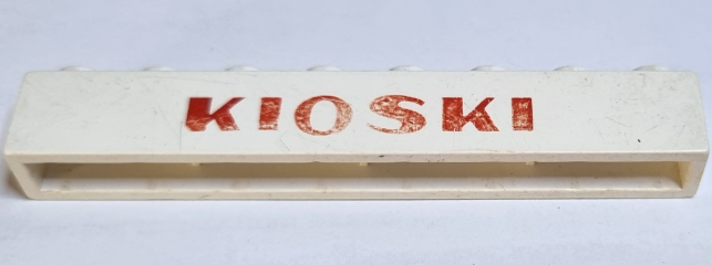 Brick 1 x 8 without Bottom Tubes with Cross Side Supports with Red 'KIOSKI' Bold Pattern