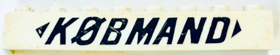 Brick 1 x 8 without Bottom Tubes with Cross Side Supports with Black 'KOBMAND' and 2 Arrows Pattern (KØBMAND)