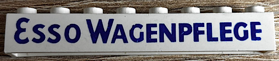 Brick 1 x 8 without Bottom Tubes with Cross Side Supports with Blue 'Esso Wagenpflege', Bold Letters Pattern