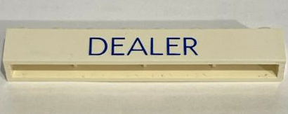 Brick 1 x 8 without Bottom Tubes with Cross Side Supports with Blue 'DEALER' Thin Pattern