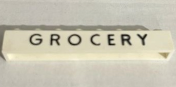 Brick 1 x 8 without Bottom Tubes with Cross Side Supports with Black 'GROCERY' Pattern