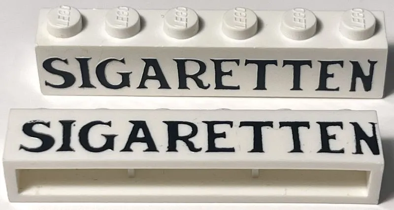 Brick 1 x 6 without Bottom Tubes with Cross Side Supports with Black 'SIGARETTEN' Serif Thin Pattern